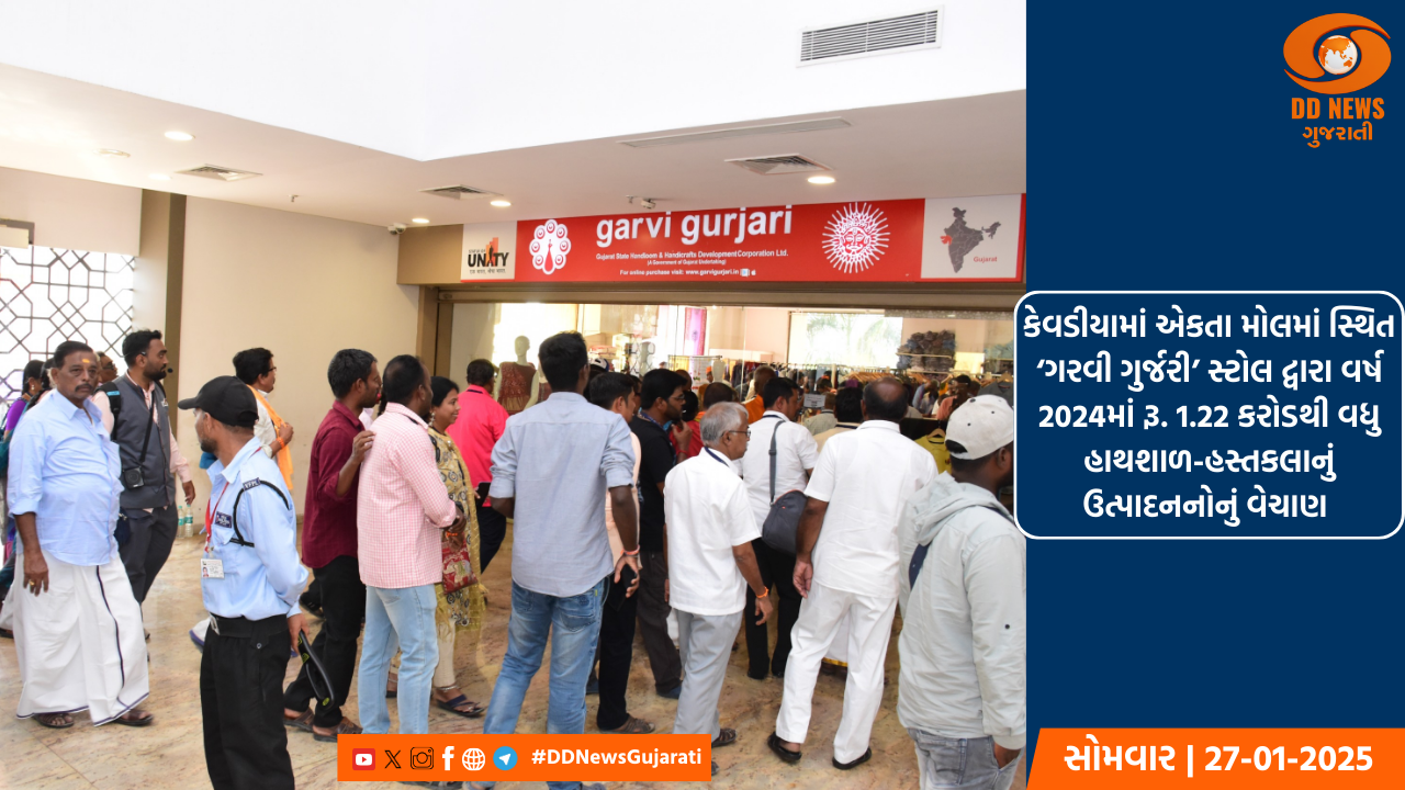 કેવડીયામાં એકતા મોલમાં સ્થિત ‘ગરવી ગુર્જરી’ સ્ટોલ દ્વારા વર્ષ 2024માં રૂ. 1.22 કરોડથી વધુ હાથશાળ-હસ્તકલાનું ઉત્પાદનનોનું વેચાણ 