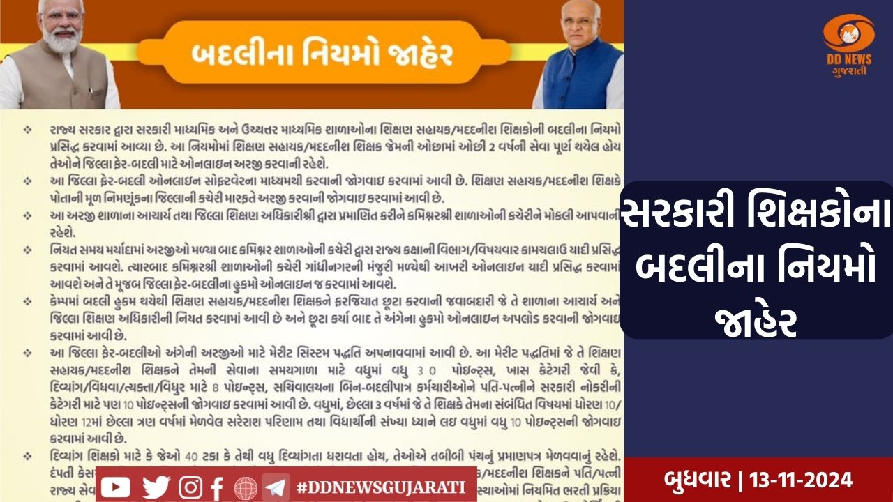 સરકારી શિક્ષકોના બદલીના નિયમો જાહેર