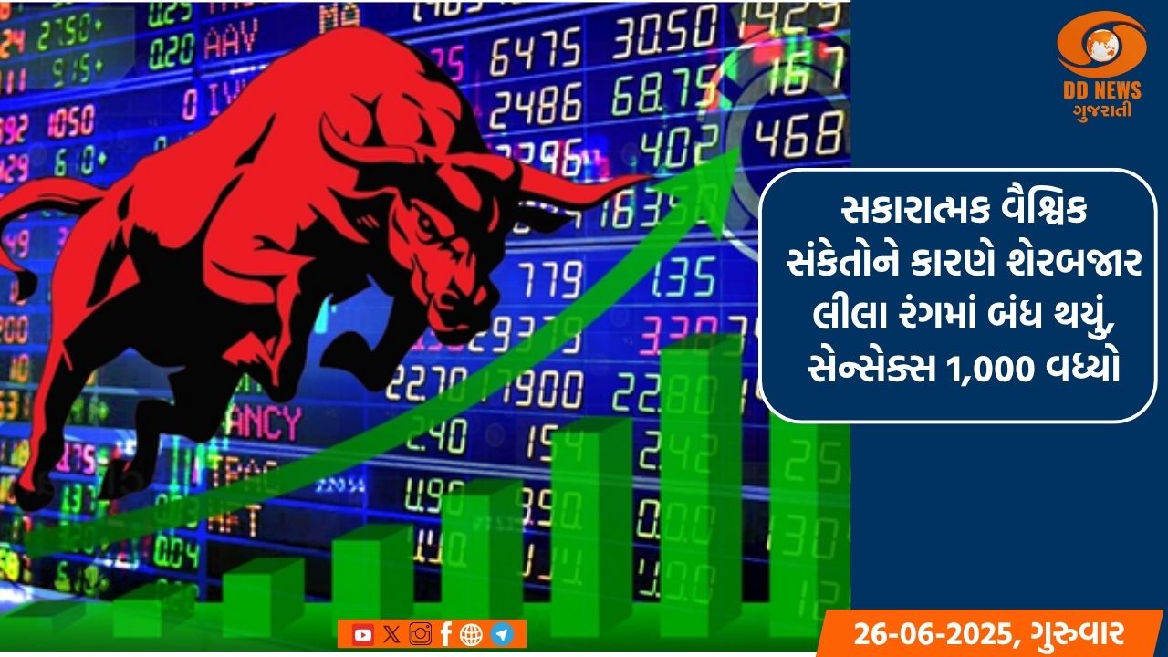 સકારાત્મક વૈશ્વિક સંકેતોને કારણે શેરબજાર લીલા રંગમાં બંધ થયું, સેન્સેક્સ 1,000 વધ્યો