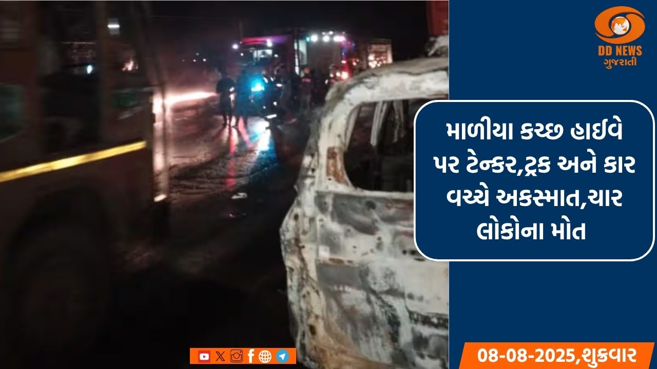 માળીયા કચ્છ હાઈવે પર ટેન્કર,ટ્રક અને કાર વચ્ચે અકસ્માત,ચાર લોકોના મોત 