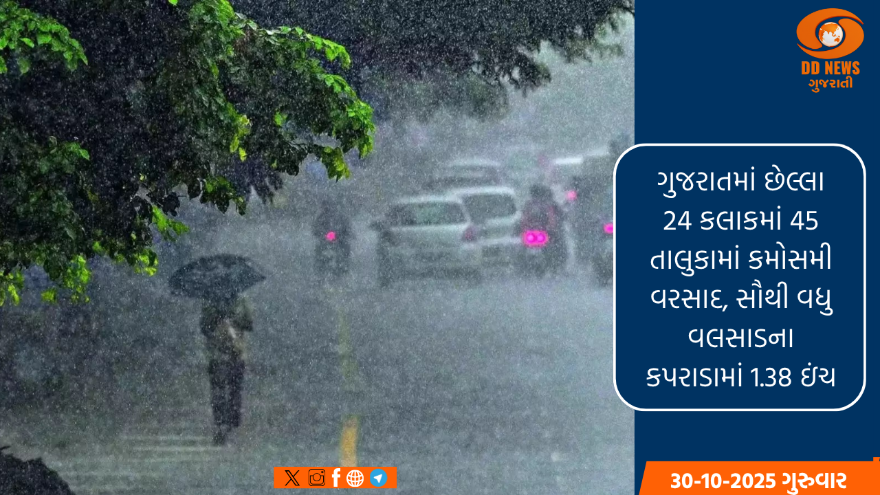 ગુજરાતમાં છેલ્લા 24 કલાકમાં 45 તાલુકામાં કમોસમી વરસાદ, સૌથી વધુ વલસાડના કપરાડામાં 1.38 ઇંચ