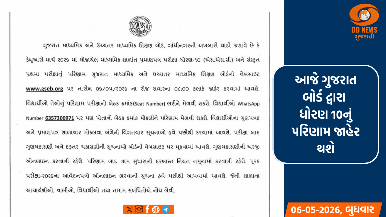આજે ગુજરાત બોર્ડ દ્વારા ધોરણ 10નું પરિણામ જાહેર થશે